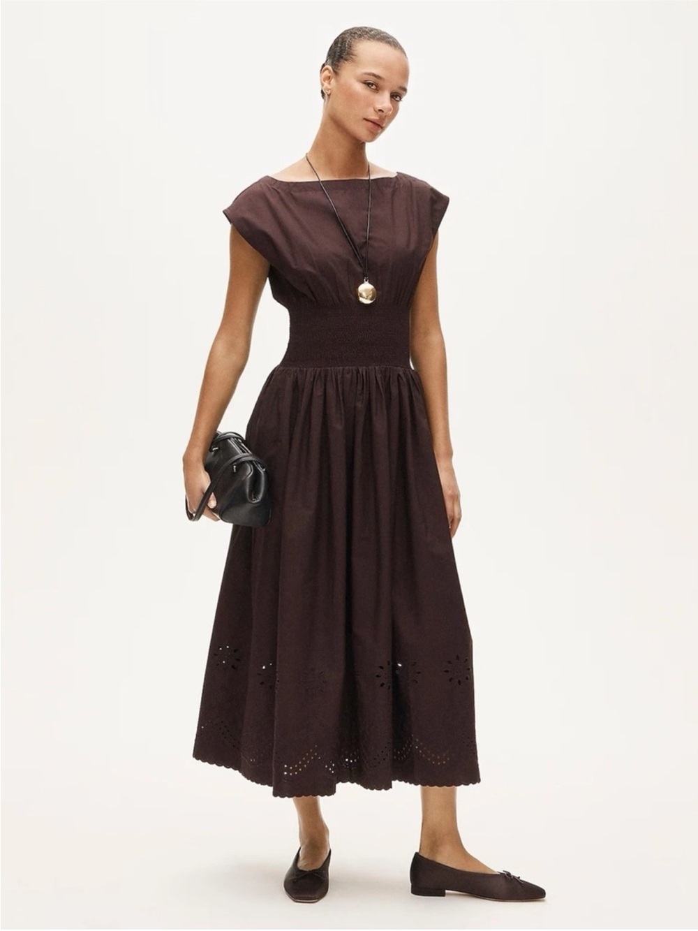J. Crew Smocked Eyelet Hem MidiDress in Brown Cotton Poplin Size Medium NWT